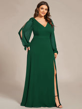 Load image into Gallery viewer, Color=Dark Green  | Long Lantern Sleeves A Line V Neck Wholesale Bridesmaid Dresses-Dark Green 1