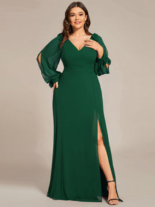 Color=Dark Green  | Long Lantern Sleeves A Line V Neck Wholesale Bridesmaid Dresses-Dark Green 5