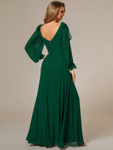 Load image into Gallery viewer, Color=Dark Green  | Long Lantern Sleeves A Line V Neck Wholesale Bridesmaid Dresses-Dark Green 4