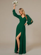 Load image into Gallery viewer, Color=Dark Green  | Long Lantern Sleeves A Line V Neck Wholesale Bridesmaid Dresses-Dark Green 3