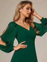 Load image into Gallery viewer, Color=Dark Green  | Long Lantern Sleeves A Line V Neck Wholesale Bridesmaid Dresses-Dark Green 2