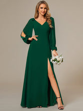 Load image into Gallery viewer, Color=Dark Green  | Long Lantern Sleeves A Line V Neck Wholesale Bridesmaid Dresses-Dark Green 5