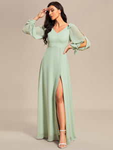 Color=Mint Green | A Line V Neck Wholesale Bridesmaid Dresses With High Split-Mint Green 
