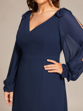 Load image into Gallery viewer, Color=Navy Blue  | Long Lantern Sleeves A Line V Neck Wholesale Bridesmaid Dresses-Navy Blue 5