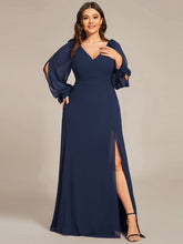 Load image into Gallery viewer, Color=Navy Blue  | Long Lantern Sleeves A Line V Neck Wholesale Bridesmaid Dresses-Navy Blue 4