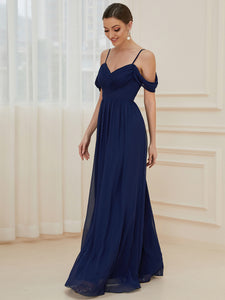 Color=Navy Blue | A Line Floor Length Deep V Neck Wholesale Bridesmaid Dresses-Navy Blue 3