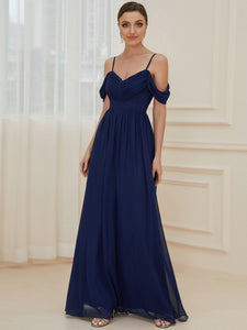 Color=Navy Blue | A Line Floor Length Deep V Neck Wholesale Bridesmaid Dresses-Navy Blue 4