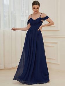 Color=Navy Blue | A Line Floor Length Deep V Neck Wholesale Bridesmaid Dresses-Navy Blue 1