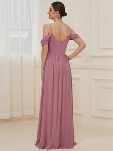 Color=Orchid | A Line Floor Length Deep V Neck Wholesale Bridesmaid Dresses-Orchid 2