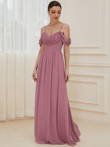 Color=Orchid | A Line Floor Length Deep V Neck Wholesale Bridesmaid Dresses-Orchid 3