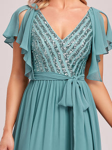 Color=Dusty blue | Deep V-Neck Ruffles Sleeves A Line Wholesale Bridesmaid Dresses-Dusty blue 5