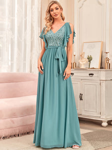Color=Dusty blue | Deep V-Neck Ruffles Sleeves A Line Wholesale Bridesmaid Dresses-Dusty blue 4
