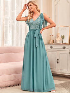 Color=Dusty blue | Deep V-Neck Ruffles Sleeves A Line Wholesale Bridesmaid Dresses-Dusty blue 2