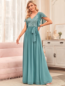 Color=Dusty blue | Deep V-Neck Ruffles Sleeves A Line Wholesale Bridesmaid Dresses-Dusty blue 1