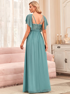 Color=Dusty blue | Deep V-Neck Ruffles Sleeves A Line Wholesale Bridesmaid Dresses-Dusty blue 3