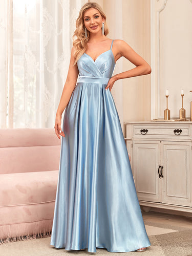 Color=Ice blue | Spaghetti Straps Deep V Neck A Line Wholesale Bridesmaid Dresses-Ice blue 1