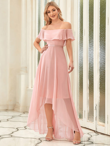 Color=Pink | Sexy Asymmetrical Hem Ruffles Sleeve Wholesale Bridesmaid Dresses-Pink 1