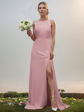 Load image into Gallery viewer, Color=Dusty Rose | Chiffon Round Neck Tie Backless Split Thigh Bridesmaids Dress-Dusty Rose 1