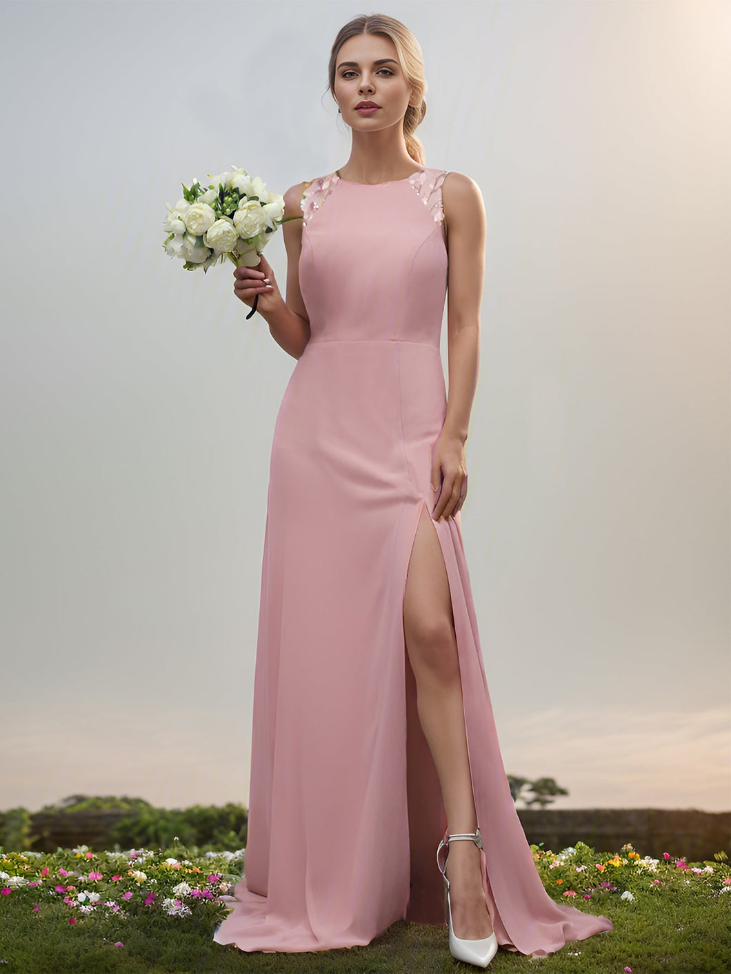 Color=Dusty Rose | Chiffon Round Neck Tie Backless Split Thigh Bridesmaids Dress-Dusty Rose 1