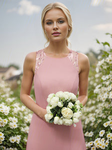 Color=Dusty Rose | Chiffon Round Neck Tie Backless Split Thigh Bridesmaids Dress-Dusty Rose 3