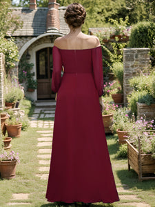 Color=Burgundy | Chiffon Maxi Long One Shoulder Wholesale Evening Dresses With Lantern Sleeves-Burgundy 9