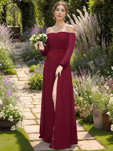 Color=Burgundy | Chiffon Maxi Long One Shoulder Wholesale Evening Dresses With Lantern Sleeves-Burgundy 10