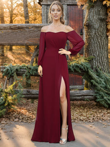 Color=Burgundy | Chiffon Maxi Long One Shoulder Wholesale Evening Dresses With Lantern Sleeves-Burgundy 11