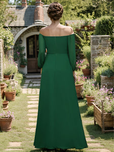 Color=Dark Green | Chiffon Maxi Long One Shoulder Wholesale Evening Dresses With Lantern Sleeves-Dark Green 14