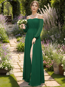 Color=Dark Green | Chiffon Maxi Long One Shoulder Wholesale Evening Dresses With Lantern Sleeves-Dark Green 16