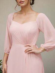 Color=Pink | Chiffon Maxi Long One Shoulder Wholesale Evening Dresses With Lantern Sleeves-Pink 4