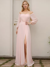 Load image into Gallery viewer, Color=Pink | Chiffon Maxi Long One Shoulder Wholesale Evening Dresses With Lantern Sleeves-Pink 3