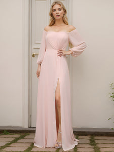 Color=Pink | Chiffon Maxi Long One Shoulder Wholesale Evening Dresses With Lantern Sleeves-Pink 3