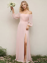 Load image into Gallery viewer, Color=Pink | Chiffon Maxi Long One Shoulder Wholesale Evening Dresses With Lantern Sleeves-Pink 1