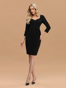 Color=Black | Simple High Waist Sheath Wholesale Work Dress With 3/4 Sleeves-Black 3