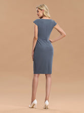 Load image into Gallery viewer, Color=Denim Blue | Elegant Round Neckline Sheath Knee Length Wholesale Work Dress-Denim Blue 2
