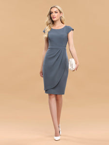 Color=Denim Blue | Elegant Round Neckline Sheath Knee Length Wholesale Work Dress-Denim Blue 1