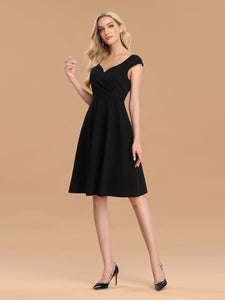 Color=Black | Cute A-Line Black Wholesale Work Dress With Cap Sleeves-Black 3