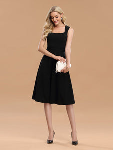 Color=Black | Women'S Casual A-Line Square Neckline Wholesale Work Dress-Black 4