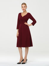 Load image into Gallery viewer, Color=Burgundy | Long Sleeves V Neck A Line Midi Workwear Dress-Burgundy 3