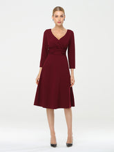 Load image into Gallery viewer, Color=Burgundy | Long Sleeves V Neck A Line Midi Workwear Dress-Burgundy 4