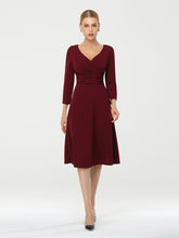 Load image into Gallery viewer, Color=Burgundy | Long Sleeves V Neck A Line Midi Workwear Dress-Burgundy 1