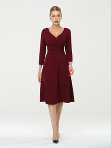 Color=Burgundy | Long Sleeves V Neck A Line Midi Workwear Dress-Burgundy 1