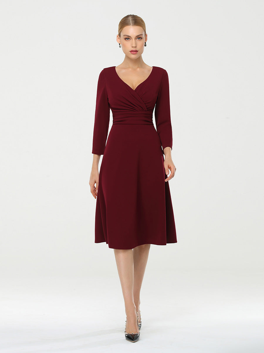 Color=Burgundy | Long Sleeves V Neck A Line Midi Workwear Dress-Burgundy 1