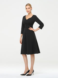 Color=Black | Long Sleeves V Neck A Line Midi Workwear Dress-Black 3