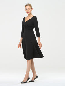 Color=Black | Long Sleeves V Neck A Line Midi Workwear Dress-Black 4