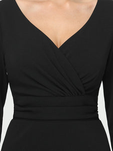 Color=Black | Long Sleeves V Neck A Line Midi Workwear Dress-Black 5