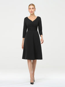 Color=Black | Long Sleeves V Neck A Line Midi Workwear Dress-Black 1