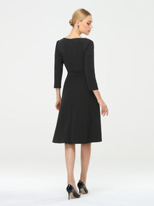 Color=Black | Long Sleeves V Neck A Line Midi Workwear Dress-Black 2