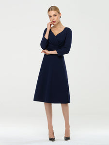 Color=Navy Blue | Long Sleeves V Neck A Line Midi Workwear Dress-Navy Blue 4