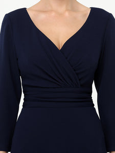 Color=Navy Blue | Long Sleeves V Neck A Line Midi Workwear Dress-Navy Blue 5